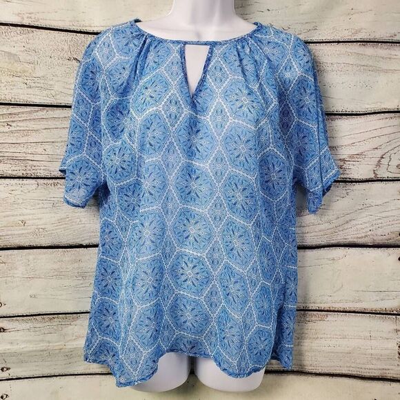 Worthington Blue Keyhole Blouse Women's Large | Geometric Print Short Sleeve Top - Picture 1 of 6